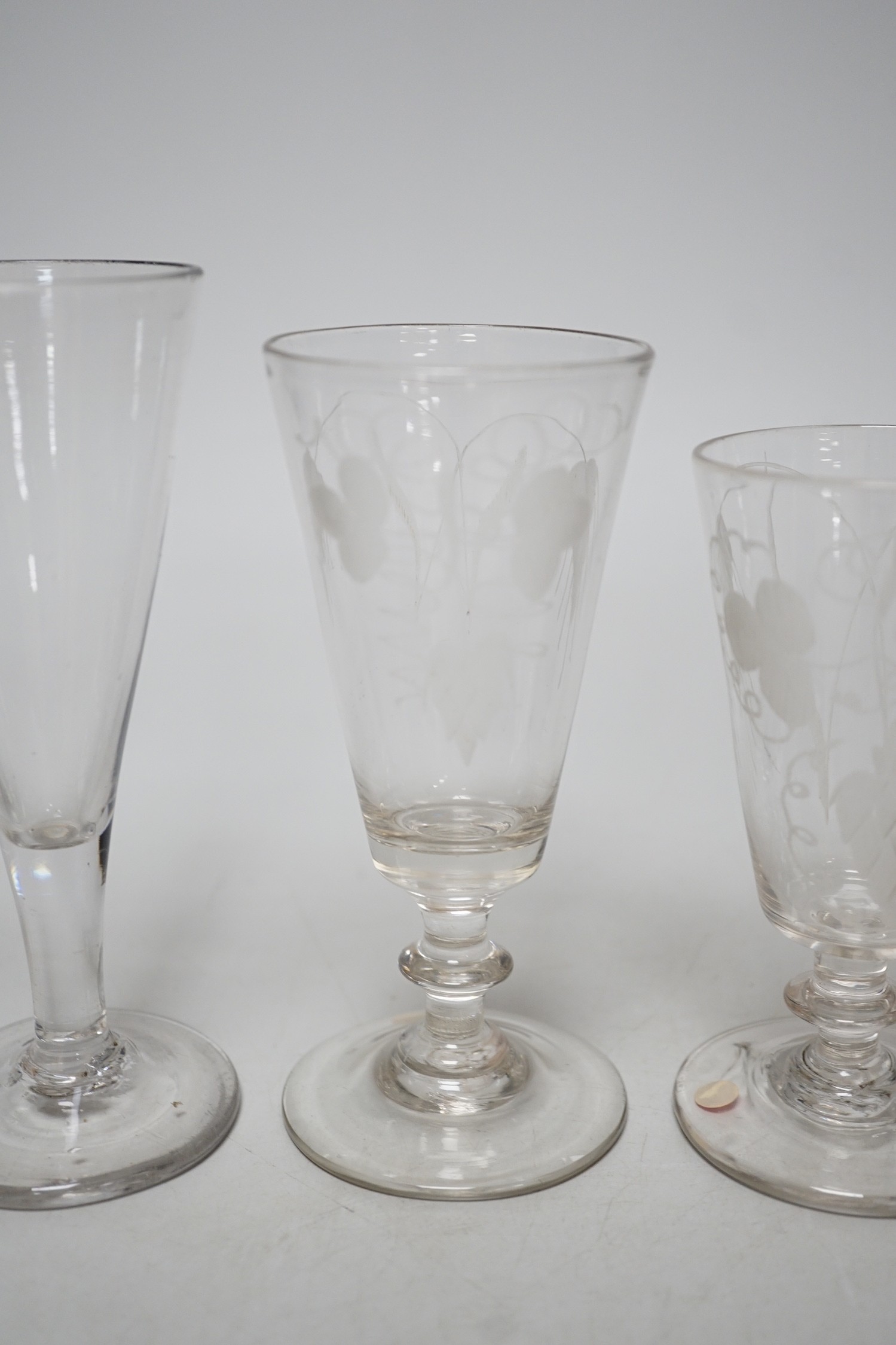 Six Georgian ale glasses, four with wheel engraved bowls. Tallest 15cm